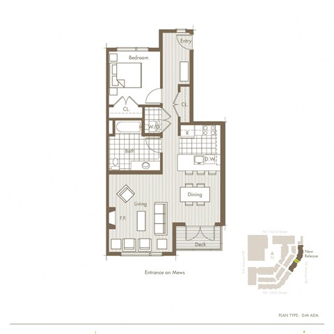 Floor plan for 1 bed, 1 bath, 814 sqft